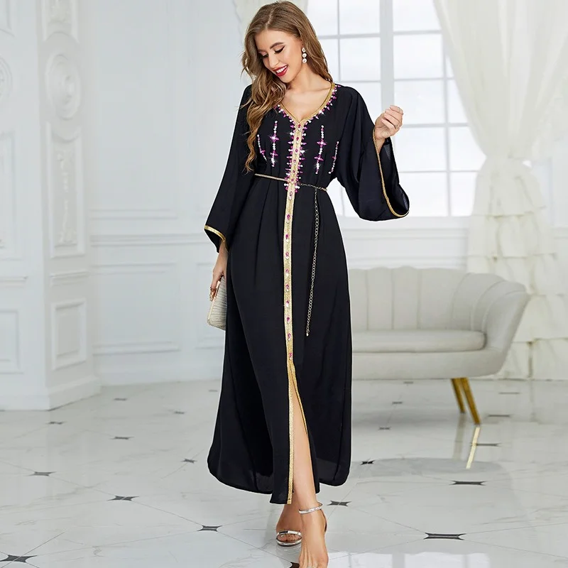 Dubai Hijab Women Dresses V-Neck Hand Stitched Raglan Sleeve Party Dress 2022 New Kaftan Abayas Djellaba Moroccan Vestidos