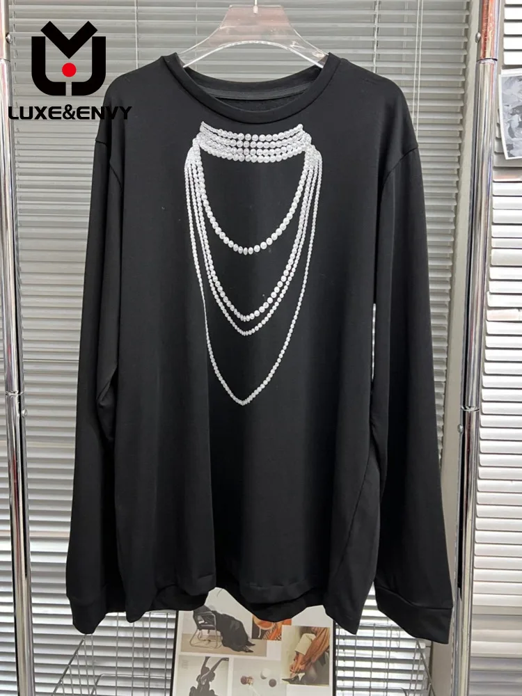 

LUXE&ENVY 2023 Spring Matching High Tide Brand Sweater Spring Fashion Pearl Necklace Print Loose Slim Long Sleeve T-shirt