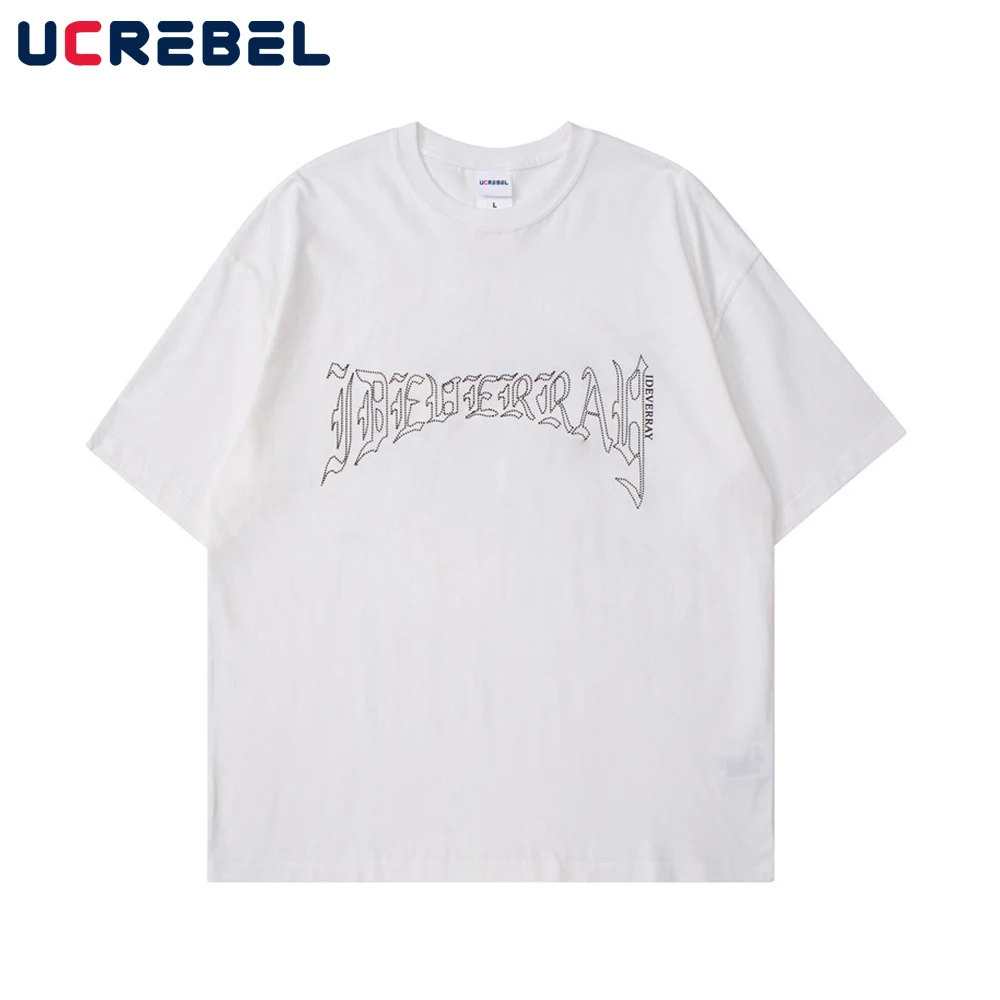 

Letter Print Short Sleeve T-shirt Mens Streetwear Crew Neck Half-Sleeve Summer High Street Casual Loose Cotton Tee Men