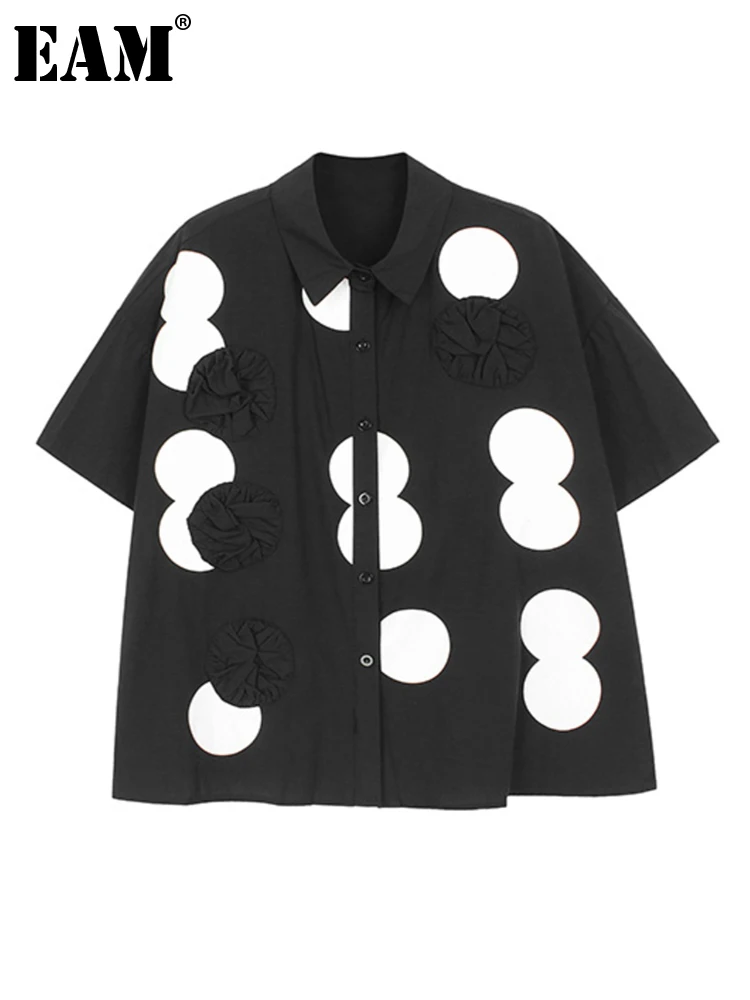 

[EAM] Women Black Dot Printed Big Size Blouse New Lapel Short Sleeve Loose Fit Shirt Fashion Tide Spring Summer 2023 1DF7352