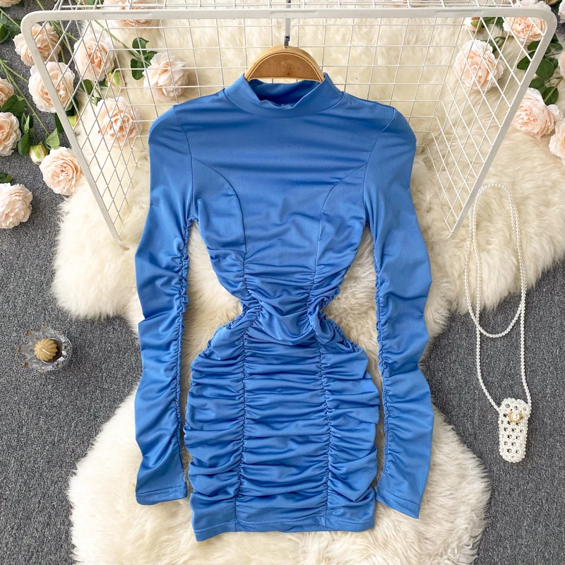 

2022 Spring New Design Sense of Niche Retro Pleated Hips Temperament Half Turtleneck Slimming Dress