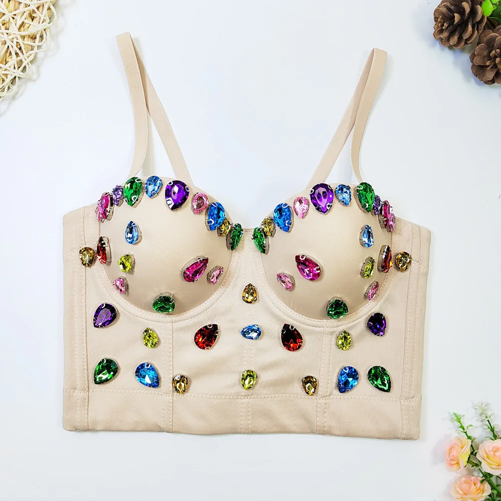 

Multi-color Diamonds Studded Camis Fishbone Coset Shaper Summer Women Sexy Streetwear Rhinestone Rivet Corselet Buster Tops Vest