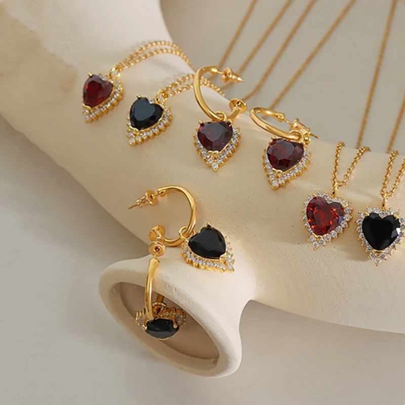 

Chic Sparkling Crystal Elegant Red Black Heart Earring Necklace Jewelry Set for Women Wedding Stainless Steel Jewelry Engagement