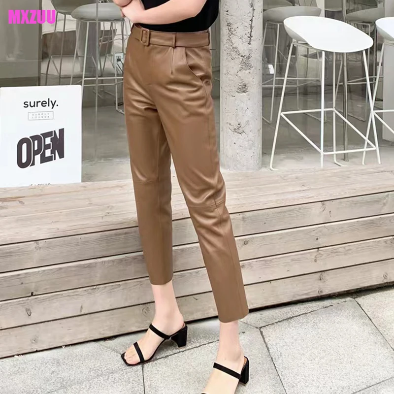 Caramel Lambskin Pencil Pants For Women Genuine Leather Mid- Waist Pantalones Mujer Wrap Hip A-line Cropped Trousers Belt WS1026