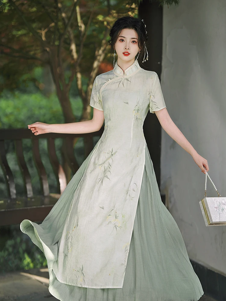 

Новинка 2023, модная женская одежда, китайский Чонсам + плиссированное платье на бретелях в национальном стиле