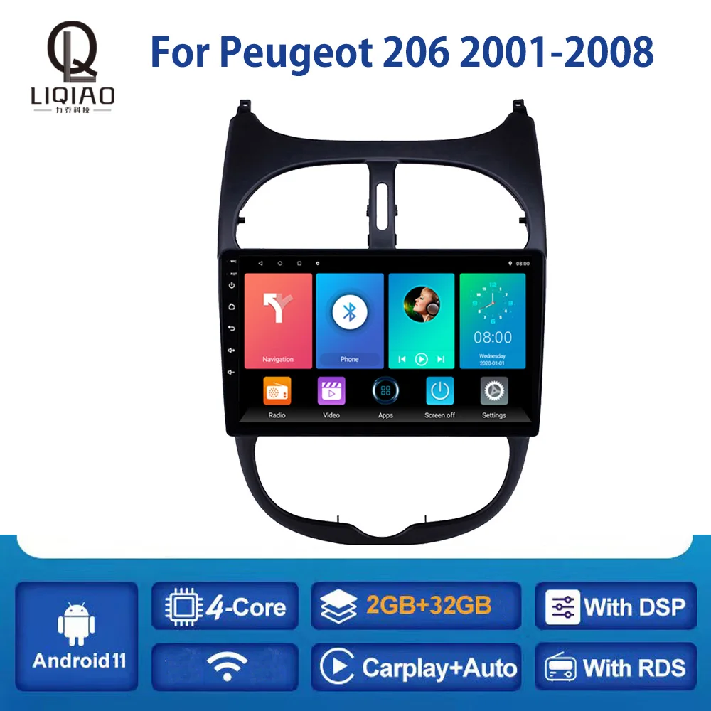 

Автомагнитола LIQIAO для Peugeot 206 2001-2008 Carplay Multimidia, видеоплеер с навигацией, GPS, Автомобильная камера заднего вида OBD, Bluetooth, BT