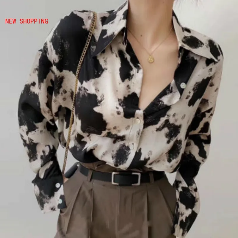 

2021 Spring New Chiffon Button Up Shirts Women Long Sleeve Blouse Korean Fashion Vintage Chiffon Print Ladies Tops Plus Size