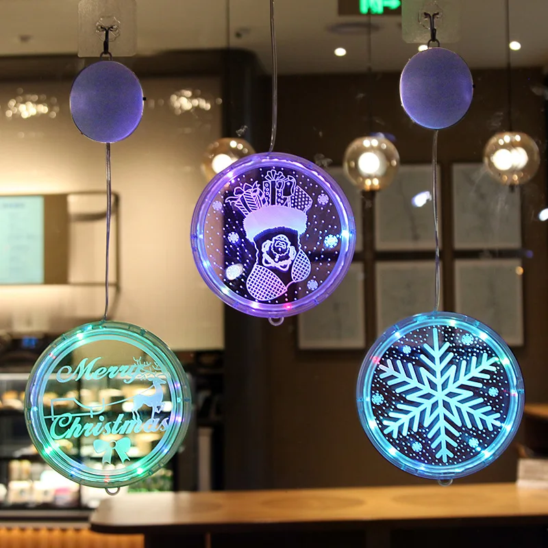 

Colorful 3D LED Suction Cup Light Merry Christmas Elk Bells Santa Claus Snowflakes Tree Indoor Lamp for Room Window Decoration