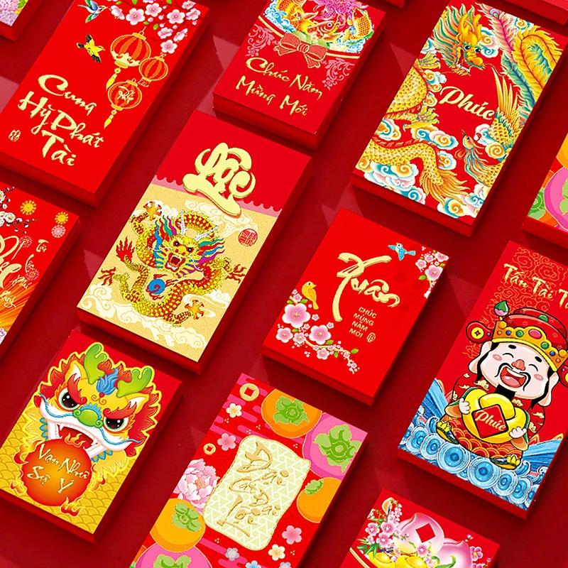 

6Pcs 2024 Chinese Long Luck Money Bag Red Pocket Hongbao Paper Envelopes Spring Festival Packet Pouch Dragon New Year