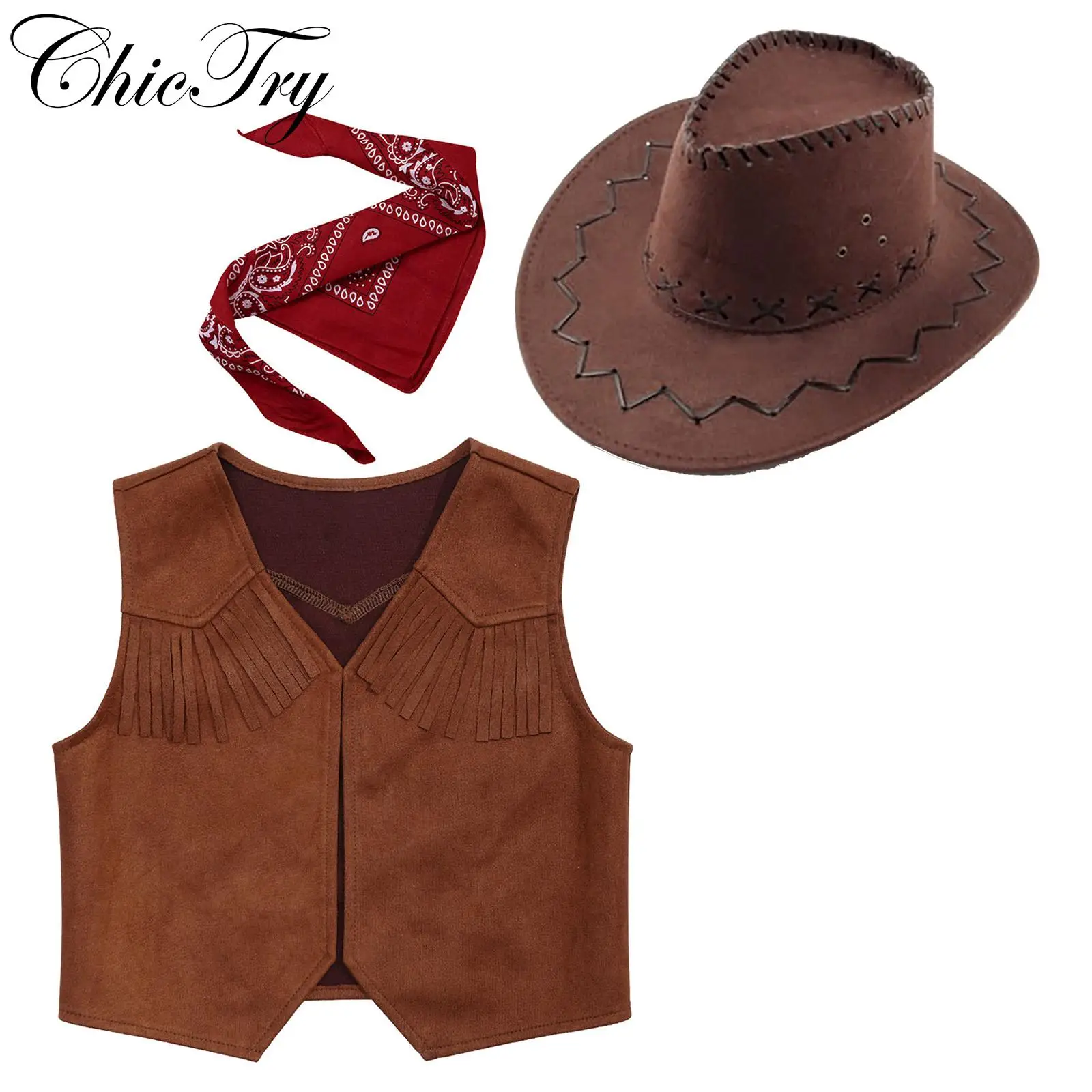

Kids Boys Western Cowboy Costume Child Vest with Bandanna and Hat for Halloween Carnival Cosplay Themed Party Roleplay Dress Up