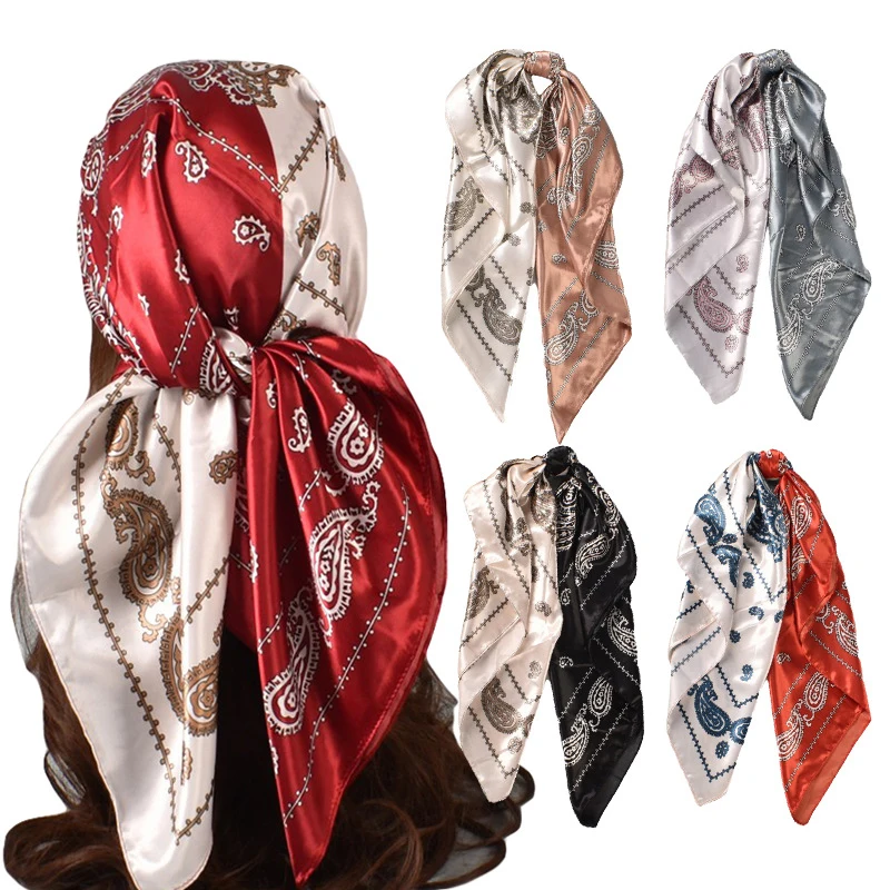 

2022 90X90CM Fashion Kerchief Satin Two Tone Cashew Flower Neck Scarf Women Print Hijab Female Square Shawls Wraps Lady Muffler