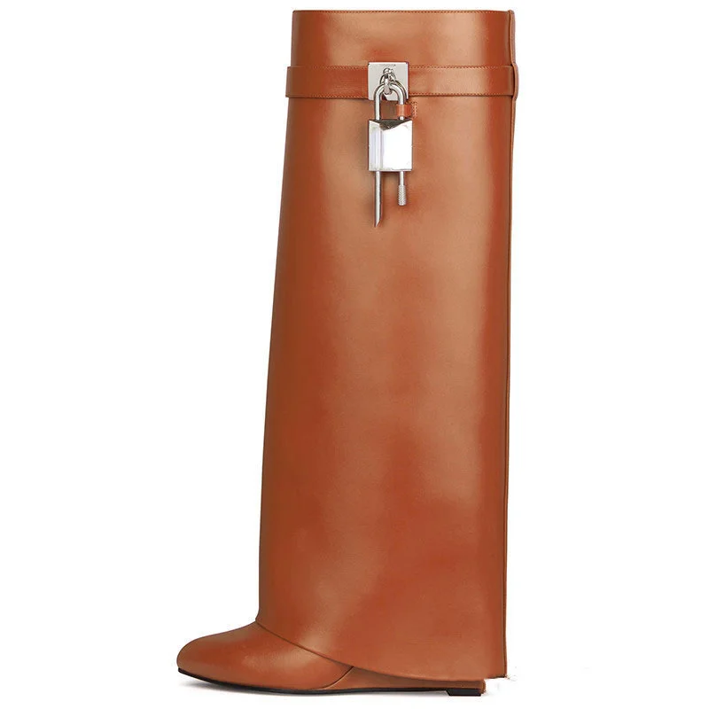 

23Autumn/Winter New Metal Lock Big Barrel Waist Trouser Leg Slope Heel Round Toe Genuine Leather High Heel Show Knee High Boots