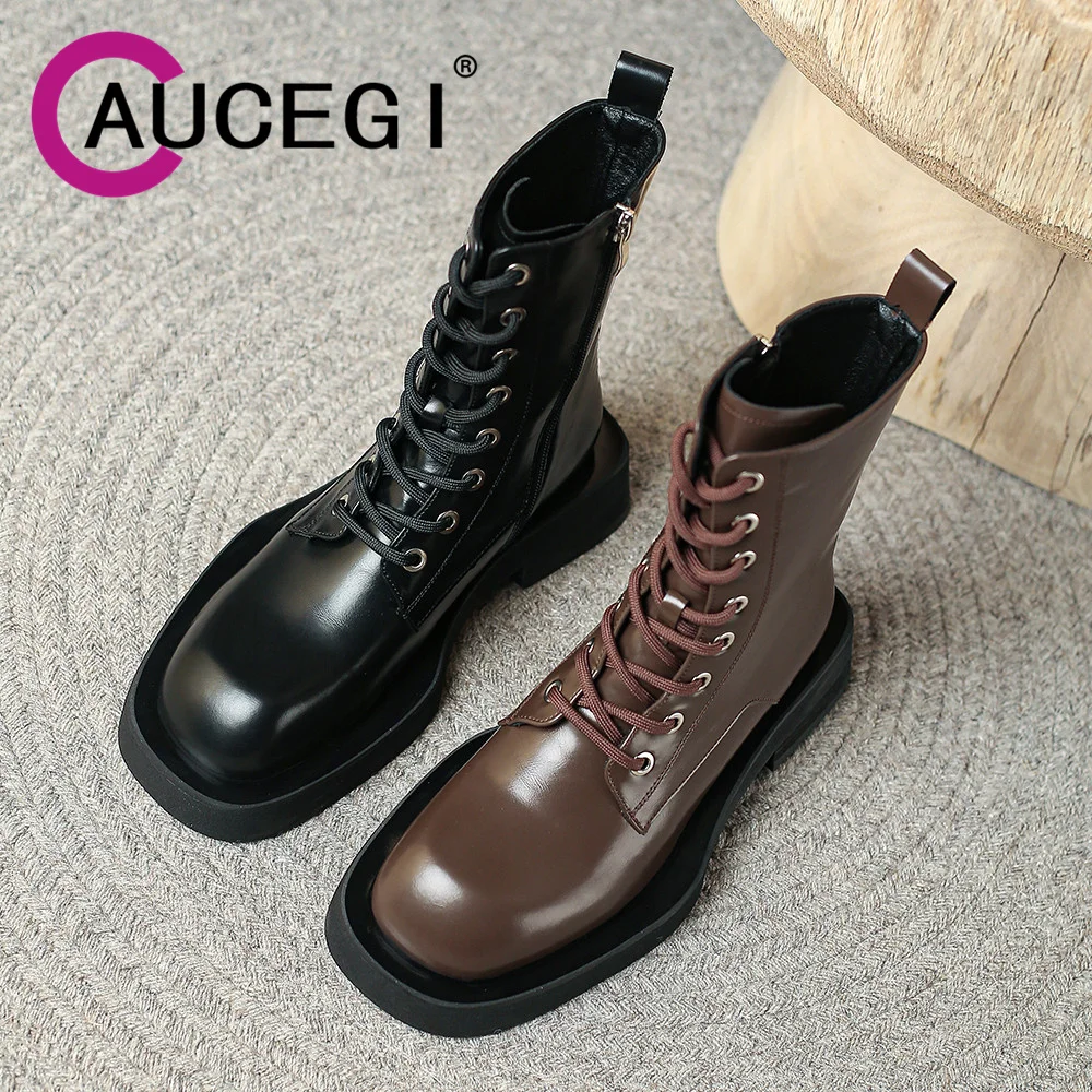 

Aucegi 2023 Spring Autumn Genuine Leather Women Ankle Boots Round Toe Chunk Heel Platform Cross Tied Zipper Solid Casual Shoes