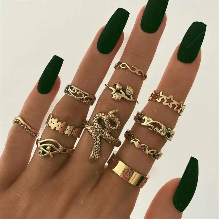 

New BOHO Star Snake Knuckle Rings Set For Women Eye Flower Shape Geometric Gold Color Finger Ring Girls Fashion Party Jewelry