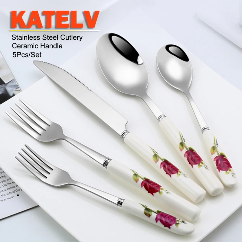 Stainless Steel Cutlery Set Steak Knife Fork Coffee Spoon Dessert Dinnerware Rose Flowers Pattern