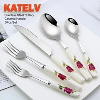 ceramic handle tableware set stainless steel cutlery set steak knife fork coffee spoon dessert dinnerware rose flowers pattern