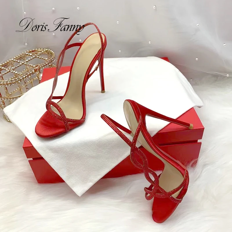 

Женские босоножки с открытым носком Doris Fanny, зеленые свадебные босоножки на высоком тонком каблуке с красной подошвой