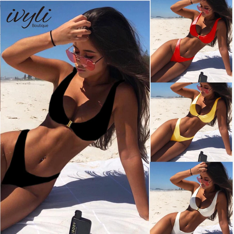 2022 European and American Style Solid Color Front Buckle Gold Lock Sexy Bikini Split Swimsuit Suit Lace Casual Brazilian Swims