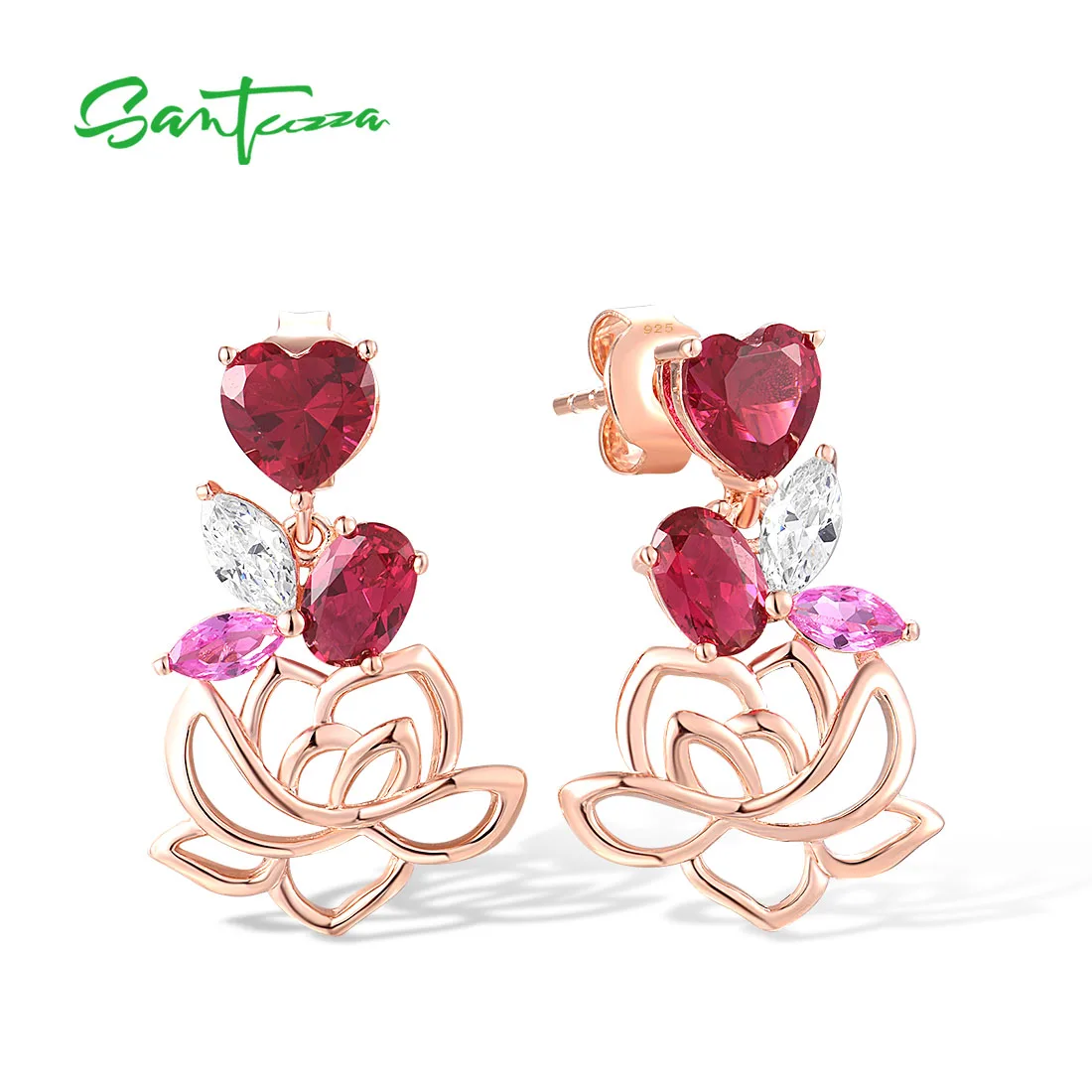 

SANTUZZA 925 Sterling Silver Stud Earrings For Women Red Nano Crystal Pink Sapphire White CZ Heart Lotus Flower Fine Jewelry