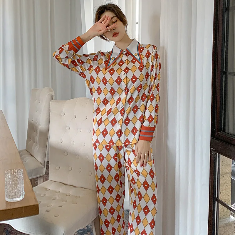 

Женская пижама в стиле ретро с ромбовидным узором, темпераментная пижама из искусственного шелка для женщин