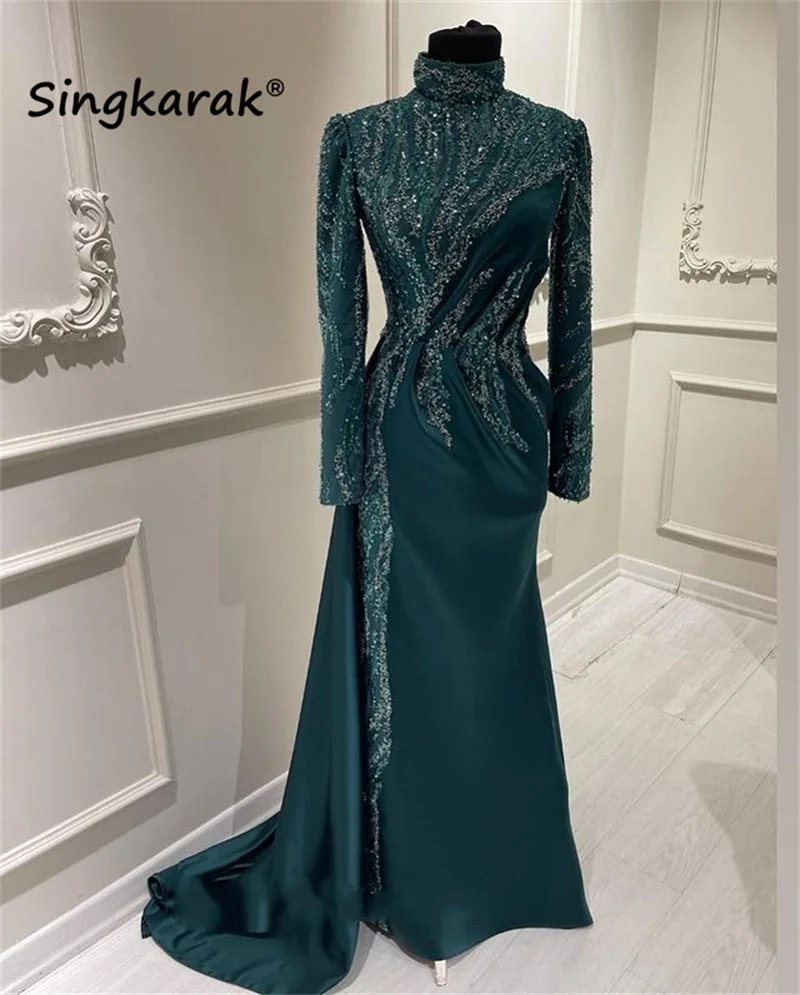 

Sparkly Mermaid Evening Dresses 2023 Long Sleeves Crystals Beading Dubai Arabic Formal Prom Party Gowns Robes De Soirée