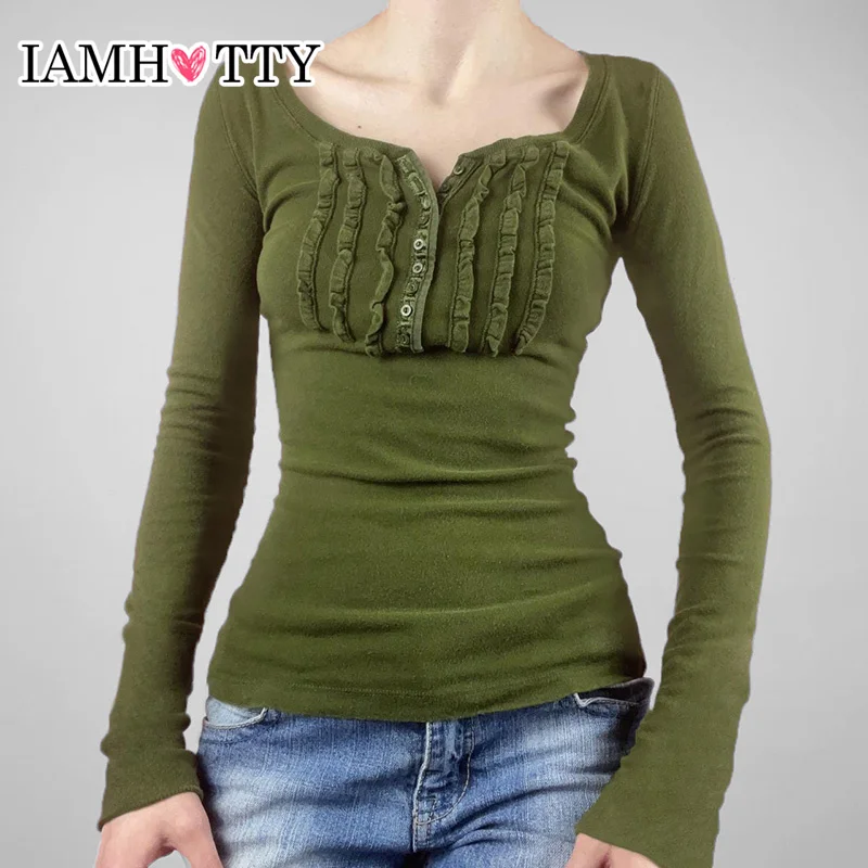 

IAMHOTTY Chic Elegant Ruffle Button Up Square Color T-shirt Green Fairycore Grunge Slim-fit Casual Basic Long Sleeve Tops Autumn