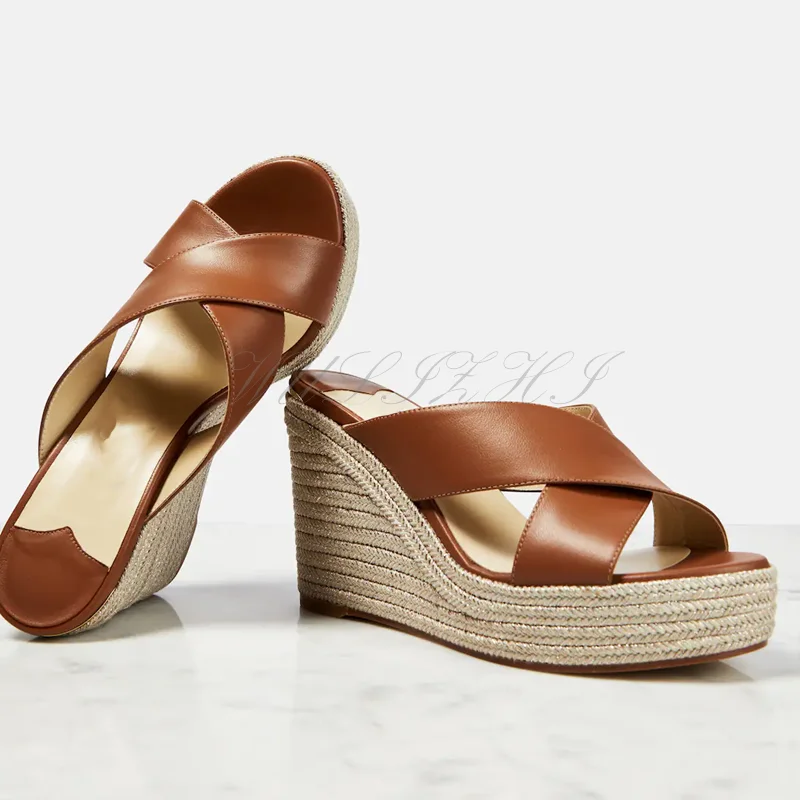 Brown Leather Wedge Espadarille Sandals Women Sexy Cross Design Pink Leather Concise Slippers Casual Heels Sole Platform Shoes