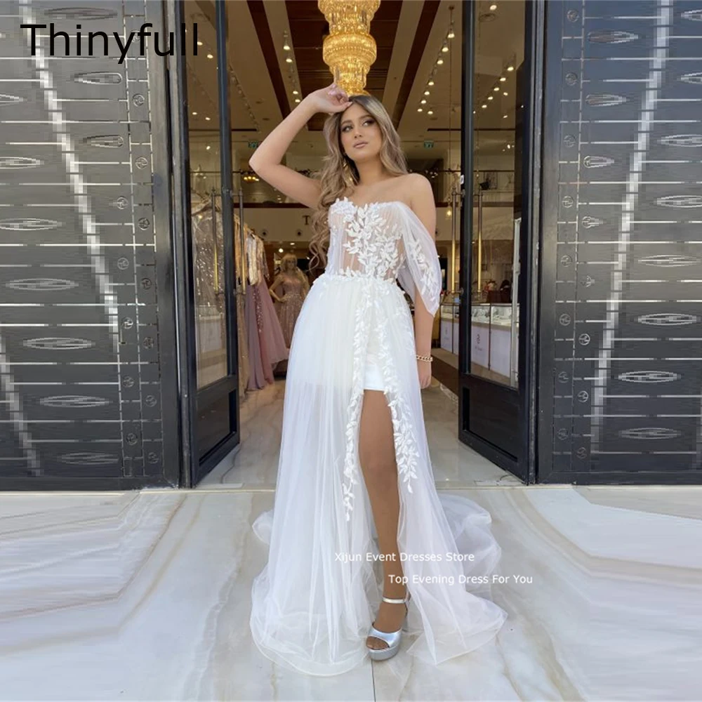 

Thinyfull White Wedding Dresses Side Slit Sleeves Off The Shoulder Bridal Gowns Flower Appliques Bridal Dresses 2023 Formal