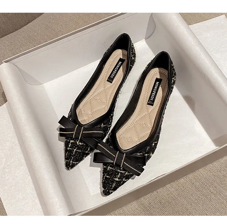 Soft Sole Women Shoes  Pointed Toe Flats Light Black Tweed Sweet Bow Slip-On Women Shoes Party Shoes Oxford Shoes for Women