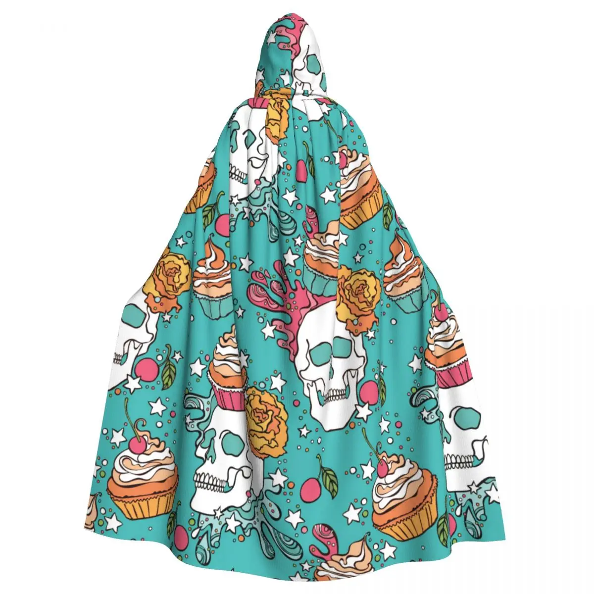 Unisex Witch Party Reversible Hooded Adult Vampires Cape Cloak Skull And Cupcake Pattern