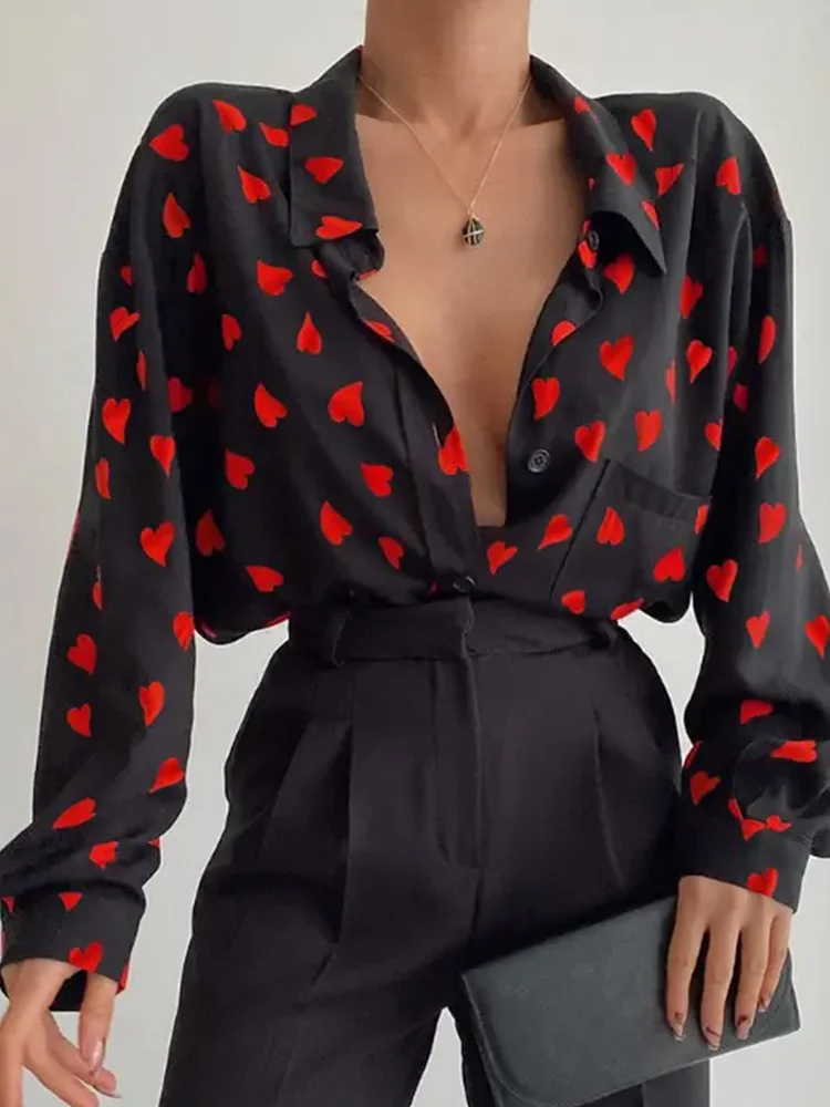 

2022 New Spring Summer Fashion Top Female Love Print Loose Women Shirt Oversized Elegant Lapel Long Sleeve Office Ladies Shirts