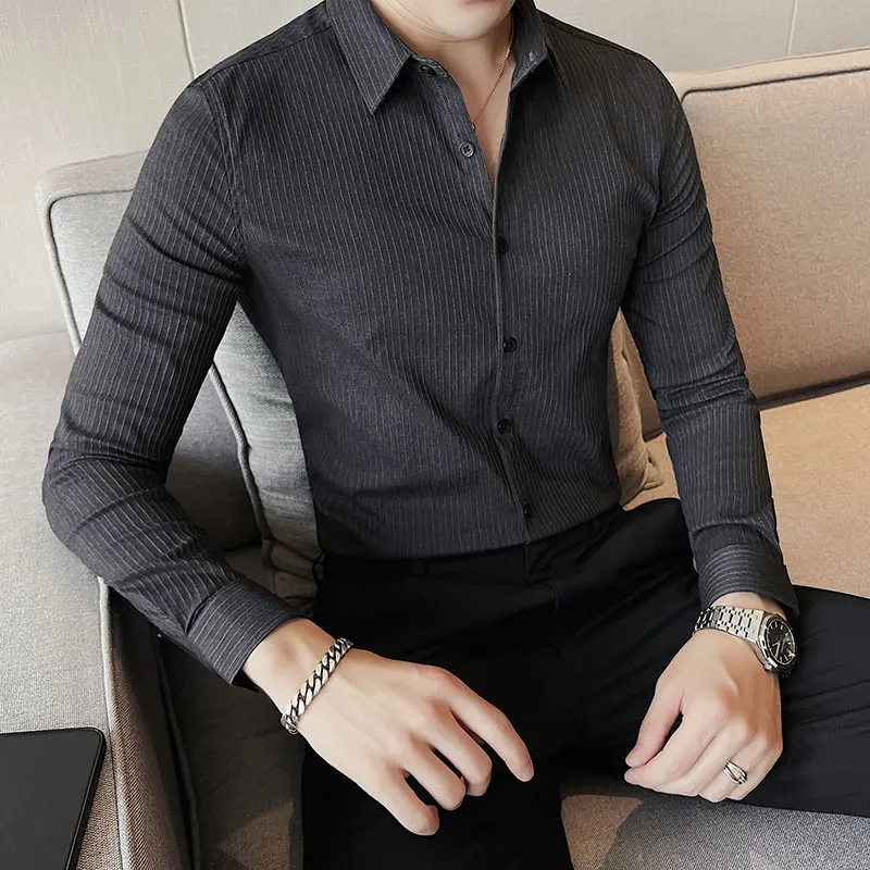 Classic Striped Long-sleeved Shirts Men Elasticity Slim Casual Business Formal Dress Shirt Streetwear Social Party Tuxedo Blouse