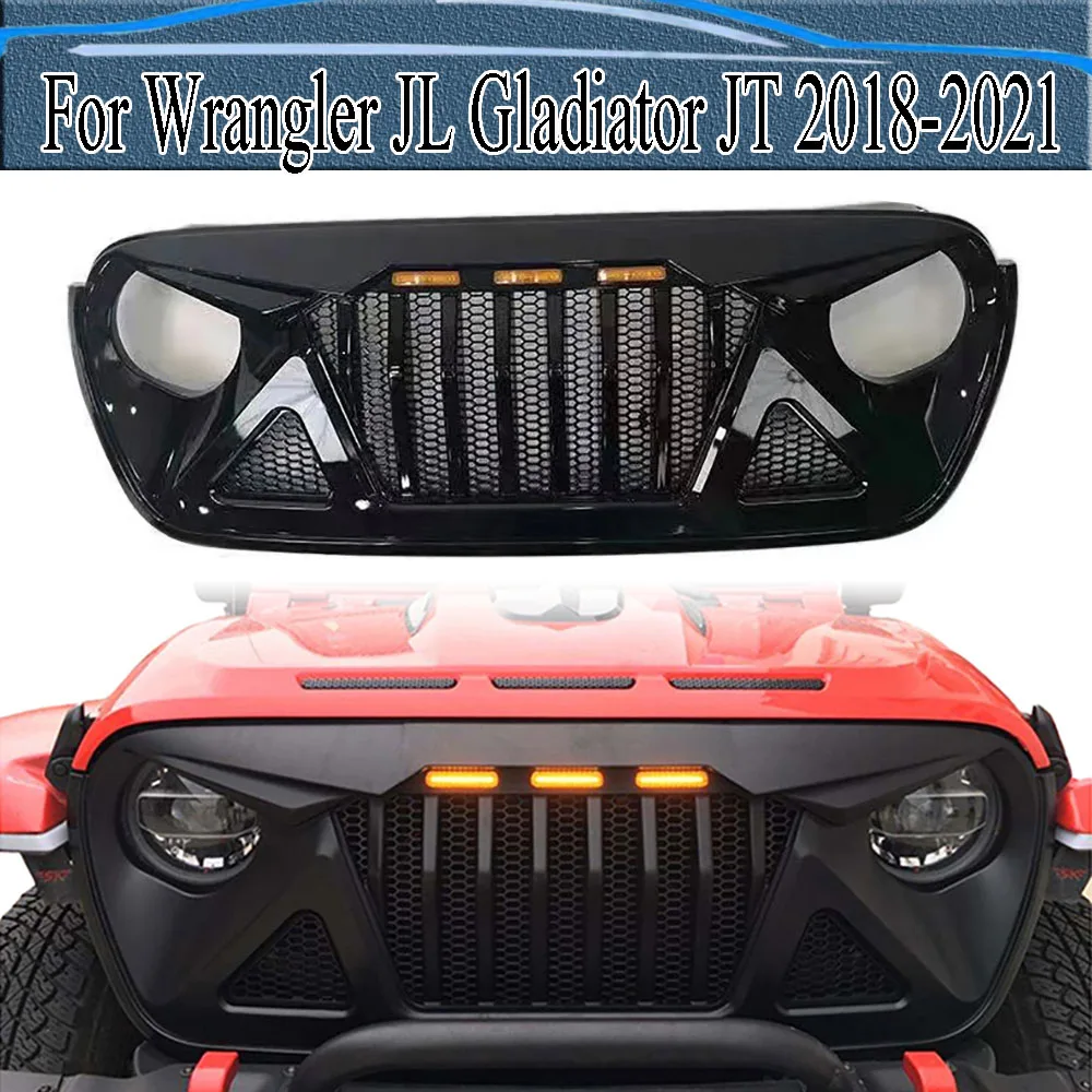 

For Wrangler JL Gladiator JT 2018-2021 With LED Light Modified ABS Racing Grills Car Front Bumper Grille with Mesh Insert Fit
