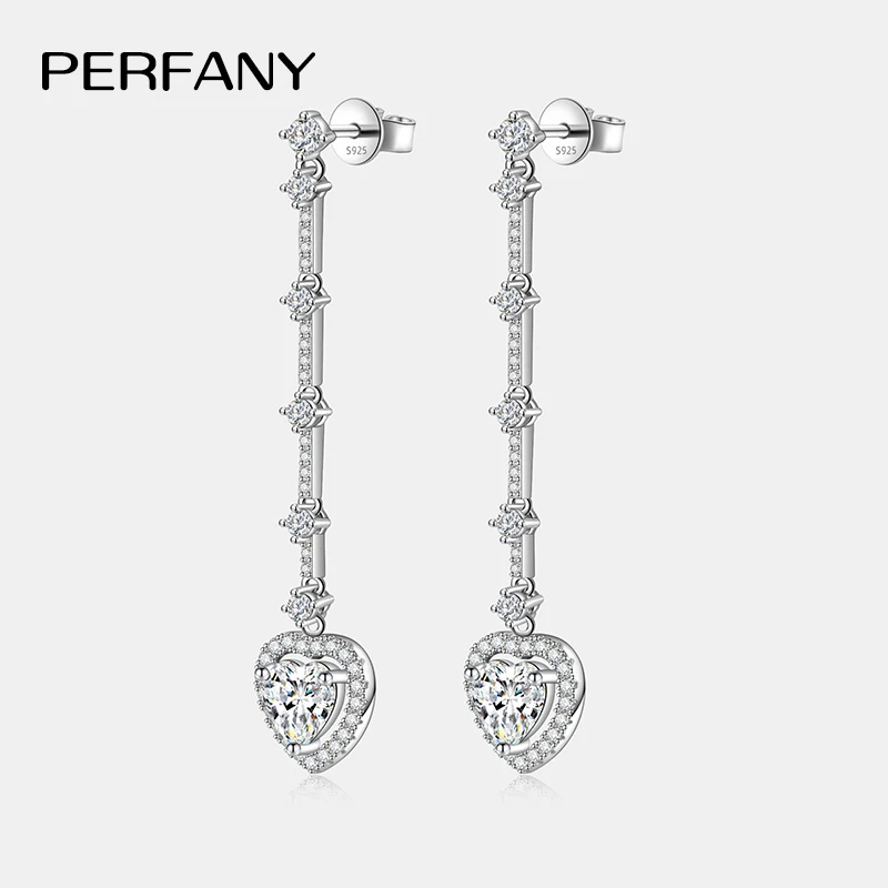 Фото PERFANY 1CT серьги-капли с муассанитом женские S925 чистое серебро сердце лабораторные длинные серьги с бриллиантами модные роскошные вечерние украшения №4