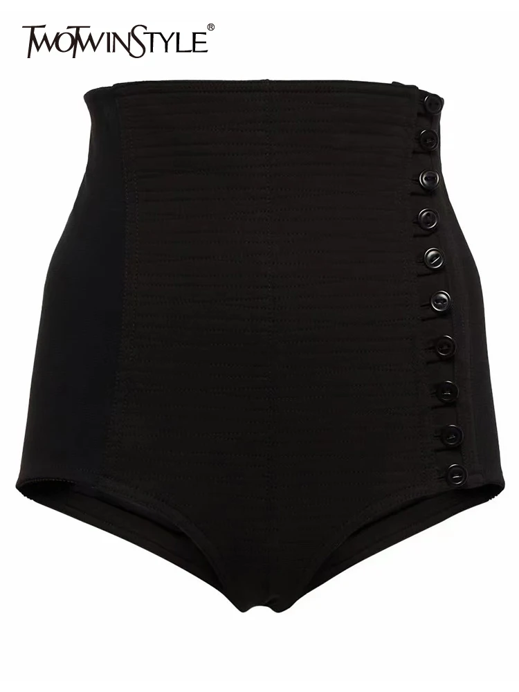 

TWOTWINSTYLE Fashion Black Short Pant For Women High Waist Patchwork Button Solid Minimalist Shorts Female Summer Clothing New