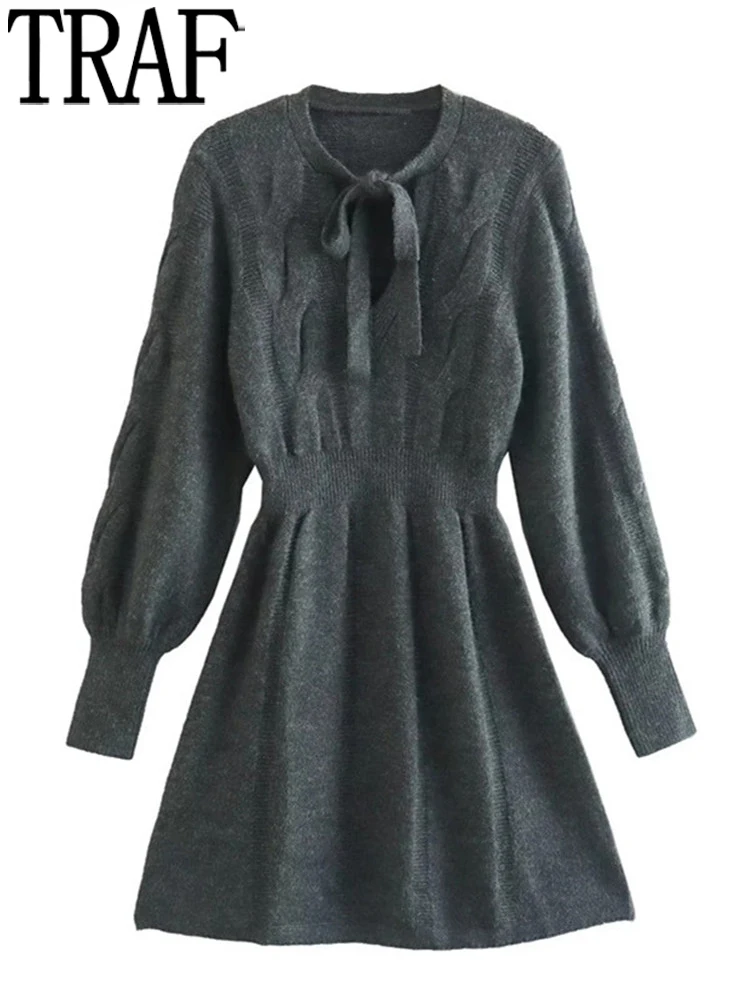 

TRAF 2022 Grey Knitted Dresses Women Short Sweater Dress Woman Tied Long Sleeve Autumn Winter Woman Dress Casual Women's Dresses