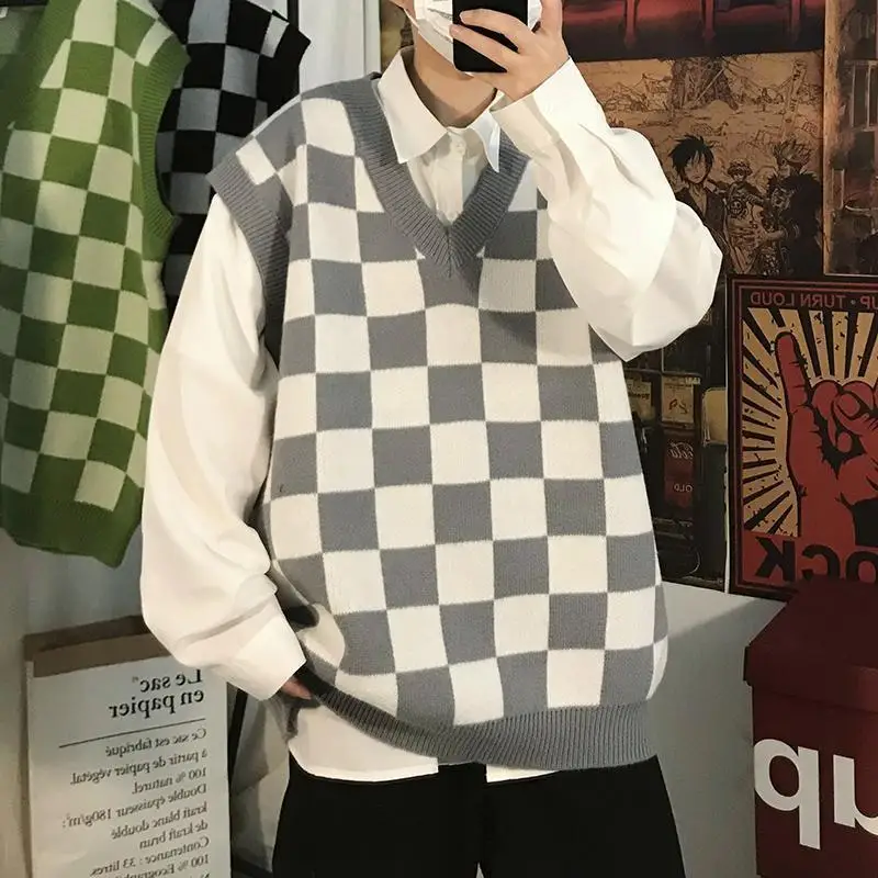 Spring Summer Autumn Plaid Contrast Color Casual Pullover Tess Vest Men Loose Knitted Top Sweater Students Sweater Vest G62