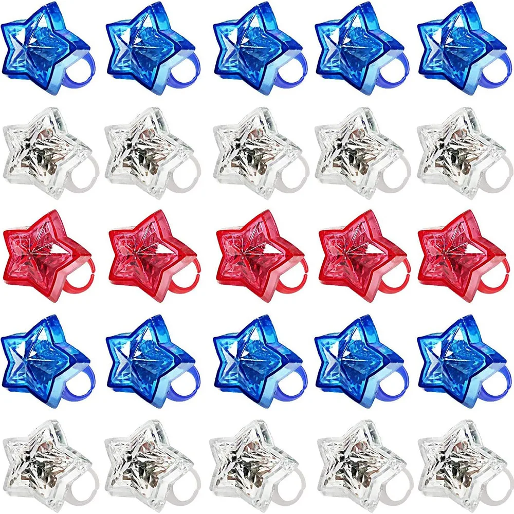 

10/20 Pcs 4Th Of July Glow In The Dark LED Ring Ligth Stars Shaped Finger Lights for Independence Day Patriotic Party Favors