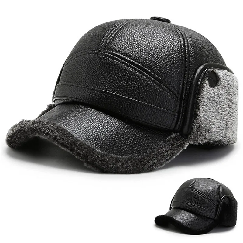 

New High Quality Winter Cap PU Leather Baseball Cap Men Snapback Hat Mens Soft Plush Warm Visors Hat Ear Protection Hot Sale