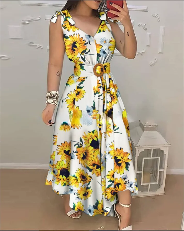 

Women's Elegant Lace-up Sunflower Print Long Dresses 2022 Summer New Sweet Sleeveless Dress