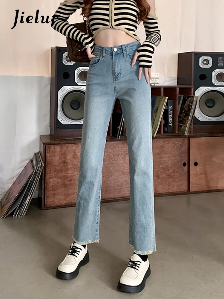 

Vintage Washed Tassel Hem Blue Jeans Autumn Korean High Waist Woman Jeans Slim Straight Denim Pants Women Fashion S-XL