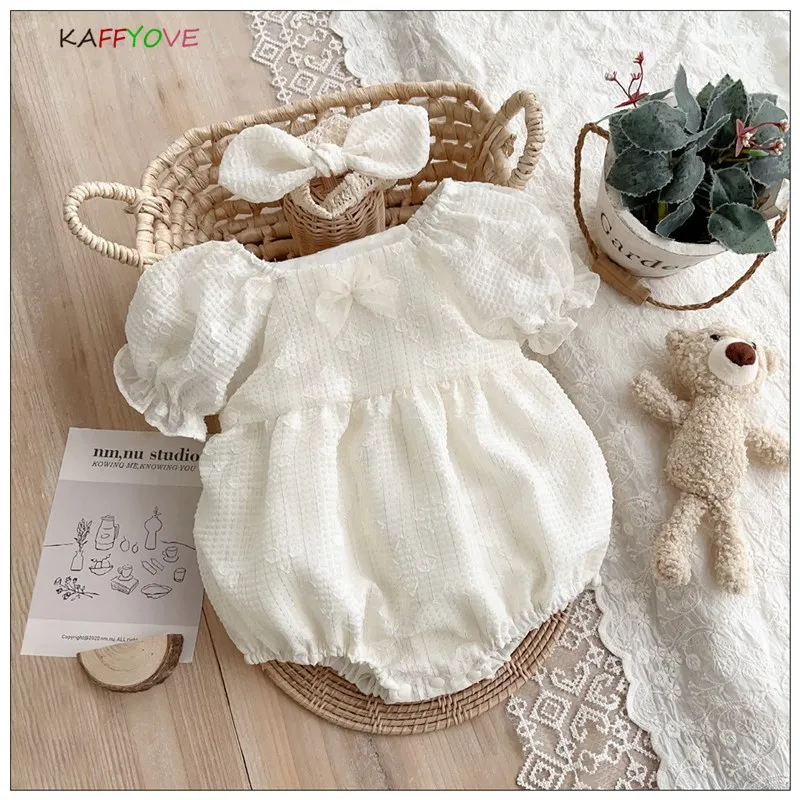 

Infant Girls Summer Rompers Short Sleeve Lace First Baptism Birthday 0-24 Month Newborn Baby Clothes+Headwear Infantil Overalls
