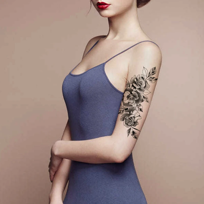 

Waterproof Temporary Tattoo Sticker Black Realistic Rose Peony Flower Leaves Fake Tattoos Flash Tatoo Arm Body Art for Women Men