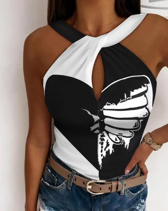 

Aesthetic Tank Top 90S Butterfly Print Color Block Keyhole Neck Halter Y2K Tank Tops for Women Skinny Punk Knit Cami Top Summer