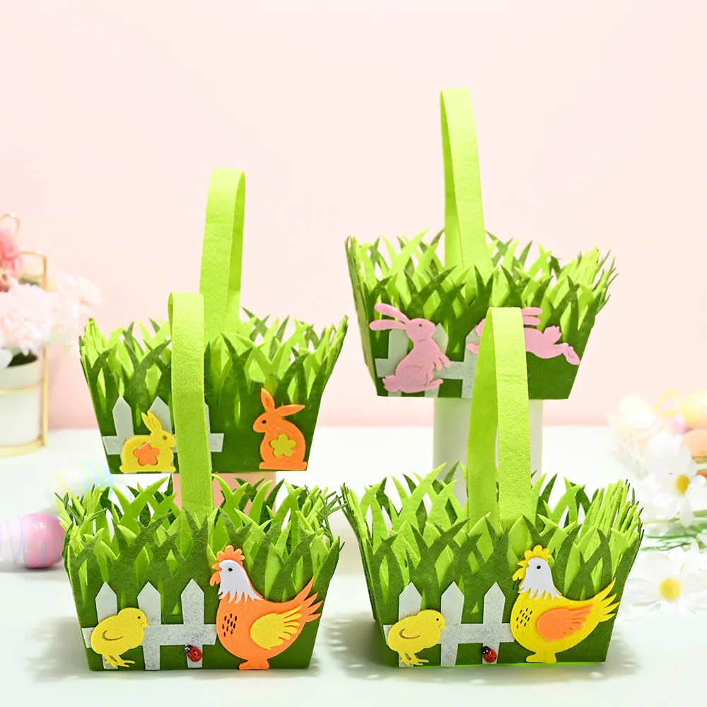 

1pc Easter Portable Green Easter Basket Non-woven Egg Bunny Chick Ornaments Creative Easter Basket Decorations for Home Supplies