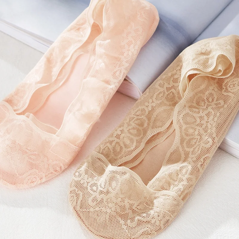 5pairs  Lace Flower Short Socks Women Summer Silicone Non-slip Ankle Socks Invisible Slipper Cotton Hollow Boat Socks Female