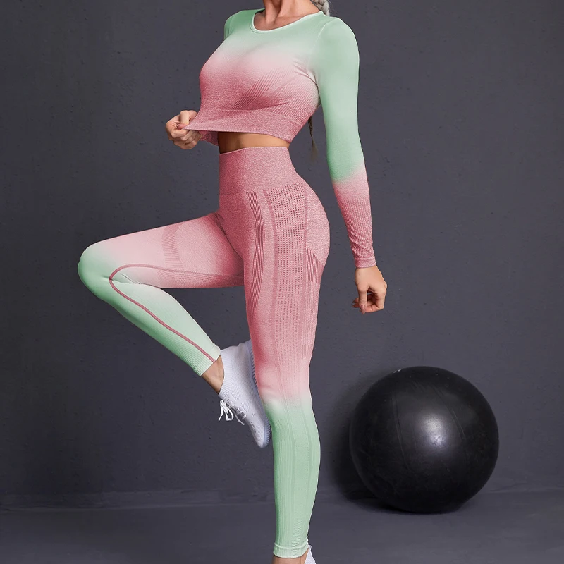 Seamless Women Sport Suit Fitness Gradient Yoga Set Push Up Workout Gym Leggings Running Clothing Tracksuit Sportswear