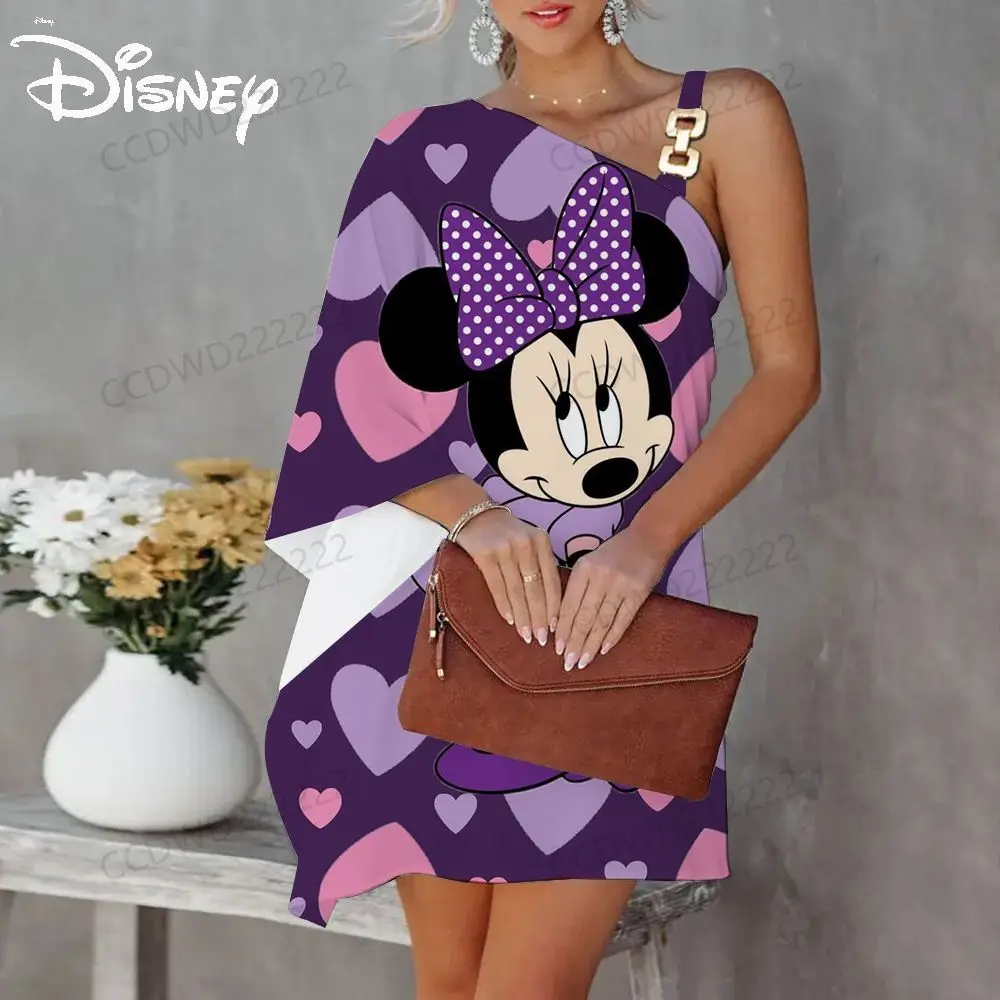 Elegant Dresses for Women Mini Dress One-Shoulder Disney Mickey Diagonal Collar Minnie Mouse Evening Party Luxury Prom 2023 Sexy