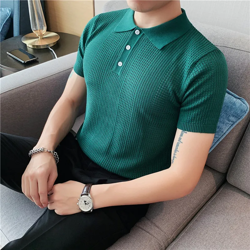 

2023 British Style Men Hollow Breathable Solid Color Leisure POLO Shirts/Male Slim Fit Fashion Short Sleeve POLO Shirts S-4XL
