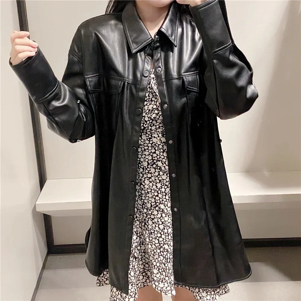 Leather Shirt Jacket Women 2023 Autumn New Hot Sale Lapel Single-breasted Mid-length PU Leather Belt Ladies Waist Jacket